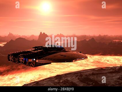 Raumschiff, das am Nachmittag auf dem mars fliegt. Dieses Alien-Flugzeug ist sehr nützlich für alle Ihre Raum Grafik-Design-Kreationen, 3d-Illustration Stockfoto
