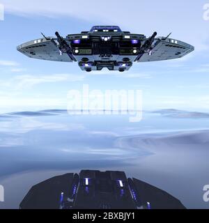 Raumschiff schwimmt auf dem Meer. Dieses Alien-Flugzeug ist sehr nützlich für alle Ihre Raum Grafik-Design-Kreationen, 3d-Illustration Stockfoto