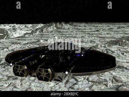 Raumschiff schwebt über dem Mond. Dieses Alien-Flugzeug ist sehr nützlich für alle Ihre Raum Grafik-Design-Kreationen, 3d-Illustration Stockfoto