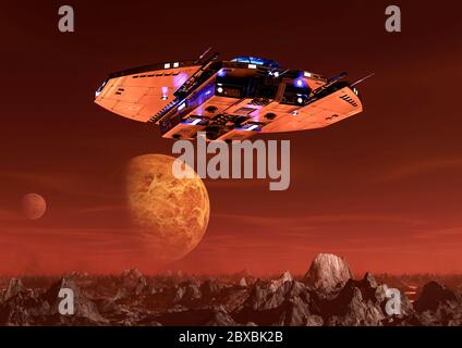 Raumschiff fliegt auf dem mars. Dieses Alien-Flugzeug ist sehr nützlich für alle Ihre Raum Grafik-Design-Kreationen, 3d-Illustration Stockfoto