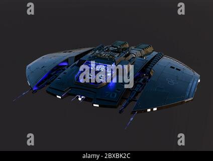 Raumschiff fliegt bei Sonnenuntergang. Dieses Alien-Flugzeug ist sehr nützlich für alle Ihre Raum Grafik-Design-Kreationen, 3d-Illustration Stockfoto