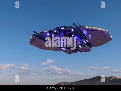 Raumschiff fliegt über die Berge. Dieses Alien-Flugzeug ist sehr nützlich für alle Ihre Raum Grafik-Design-Kreationen, 3d-Illustration Stockfoto