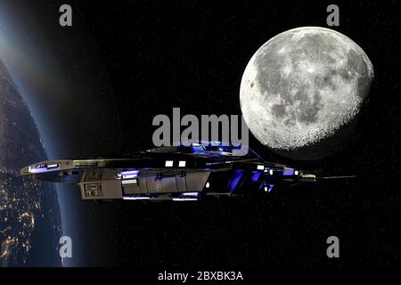 Raumschiff im Raum. Dieses Alien-Flugzeug ist sehr nützlich für alle Ihre Raum Grafik-Design-Kreationen, 3d-Illustration Stockfoto
