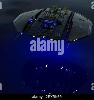 Raumschiff Landung auf Wasser. Dieses Alien-Flugzeug ist sehr nützlich für alle Ihre Raum Grafik-Design-Kreationen, 3d-Illustration Stockfoto