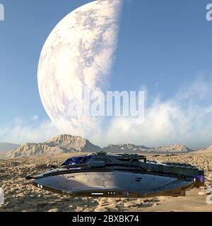 Raumschiff mit Mond im Hintergrund. Dieses Alien-Flugzeug ist sehr nützlich für alle Ihre Raum Grafik-Design-Kreationen, 3d-Illustration Stockfoto