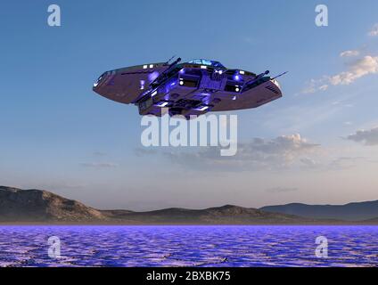 Raumschiff Landung auf der Wüste zwei. Dieses Alien-Flugzeug ist sehr nützlich für alle Ihre Raum Grafik-Design-Kreationen, 3d-Illustration Stockfoto