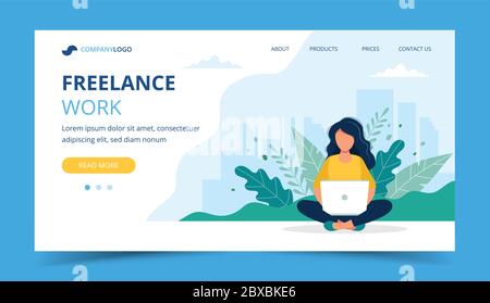 Vorlage für die Freiberufsseite. Frau, die mit Laptop im Park arbeitet. Illustration für Freiberufler, Telearbeit, Business Stock Vektor