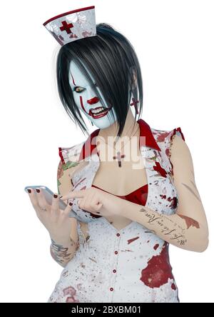 Krankenschwester halloween tippen auf dem Handy. Dieser Vintage-Dame Alptraum in Clipping Pfad ist sehr nützlich für Grafik-Design-Kreationen, 3d-Illustration Stockfoto
