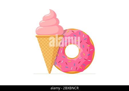 Eiswaffel und Donut mit rosa Puderzucker und Zuckerstreusel. Plombir und süße Donut Vektor flach isoliert Illustration Stock Vektor