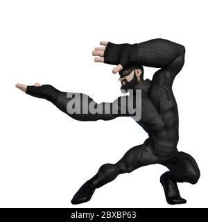 Super Held Cartoon mit Bart auf Anzug tun eine Kung Fu Pose. Dieser hiper Kerl in Clipping Pfad ist sehr nützlich für Grafik-Design-Kreationen, 3d-illustrati Stockfoto