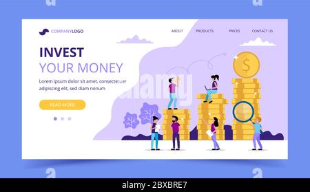 Investing Landing Page - Illustration mit Münzen, kleine Menschen Zeichen. Darstellung des Konzeptes Stock Vektor