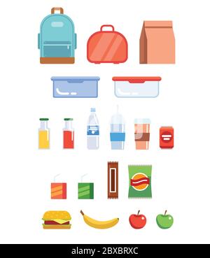 Lunchbox Illustration Set - verschiedene Kunststoffbehälter, Papiertüte, Flaschen, Saft, Wasser, Früchte, Sandwich, Rucksack. Stock Vektor