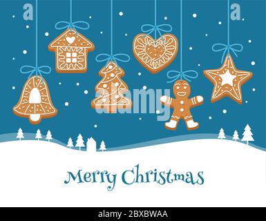 Weihnachtskarte mit Lebkuchenkekse und Winterlandschaft. Weihnachtsdekorationen, Vektor-Illustration Vorlage Stock Vektor