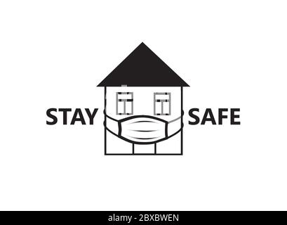 Quarantänezeichen. Crestative Symbol mit Haus, trägt medizinische Maske und Schriftzug "Stay Home", "Stay Safe" auf weißem Hintergrund. Stock Vektor