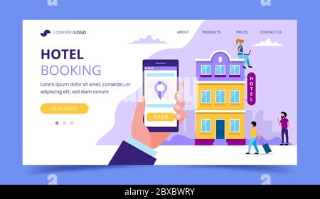 Vorlage für Landing Page für Hotelbuchungen - Illustration mit kleinen Leuten, die verschiedene Aufgaben erledigen. Stock Vektor