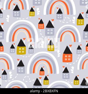 Nahtloses Muster mit handgezeichneten Regenbogen und Häusern. Kreative Textur für Stoff, Verpackung, Textil, Tapete, Bekleidung. Vektorgrafik Stock Vektor