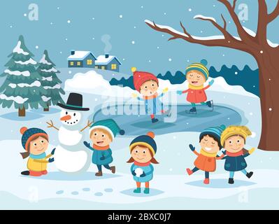 Winter Kinderszene - Kinder spielen im Freien im Schnee, machen Schneemann, Eislaufen. Winterlandschaft, weihnachten und Neujahr Grußkarte. Vektor Stock Vektor
