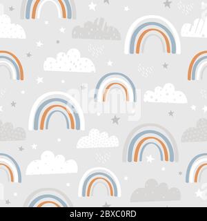 Nahtloses Muster mit handgezeichneten Regenbogen und Wolken. Kreative Textur für Stoff, Verpackung, Textil, Tapete, Bekleidung. Vektorgrafik Stock Vektor