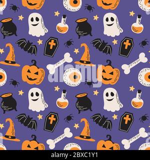 Halloween nahtlose Muster, Illustration mit Kürbissen, Augen, Geist, Knochen, Fledermäuse. Vektorgrafik im flachen Stil Stock Vektor