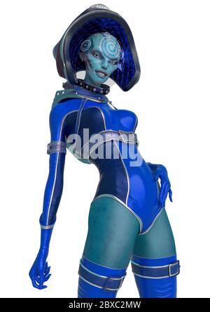 Alien Queen im roten Sci Fi Outfit Stil mit Lächeln auf weißem Hintergrund. Diese Alien Queen in Clipping Pfad ist sehr nützlich für Grafik-Design Kreatio Stockfoto