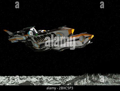 Super Alien Raumschiff fliegen auf dem Mond. Dieses Schiff in Clipping Pfad wird einige Spaß an Ihren Kreationen, 3d-Illustration setzen Stockfoto