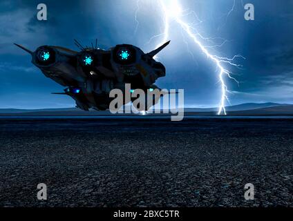 Super Alien Raumschiff wird der Blitz Sturm kommt. Dieses Schiff in Clipping Pfad wird einige Spaß an Ihren Kreationen, 3d-Illustration setzen Stockfoto