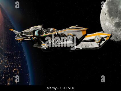 Super Alien Raumschiff verlassen die Erde. Dieses Schiff in Clipping Pfad wird einige Spaß an Ihren Kreationen, 3d-Illustration setzen Stockfoto