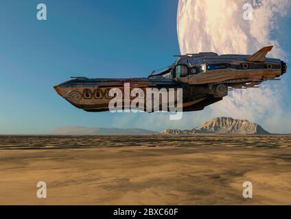 Super Alien Raumschiff mit mars Mond Hintergrund. Dieses Schiff in Clipping Pfad wird einige Spaß an Ihren Kreationen, 3d-Illustration setzen Stockfoto