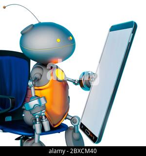 Mini bot hält ein Handy in einem weißen Hintergrund. Dieser Roboter in der Beschneidungspfad ist sehr nützlich für grafische Design-Kreationen, 3d-Illustration Stockfoto