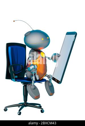 Mini bot hält ein Handy in einem weißen Hintergrund. Dieser Roboter in der Beschneidungspfad ist sehr nützlich für grafische Design-Kreationen, 3d-Illustration Stockfoto
