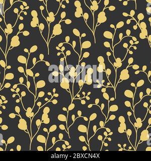 Abstrakter Zweig mit Blättern nahtlosen Muster. Grenzenloser schwarzer Hintergrund mit Gold floral flach Cartoon Element, Natur Zeichen. Wiederholen Ornament für Papier wickeln, Stoff, Tapete drucken Vektor-Illustration Stock Vektor