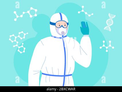 Wissenschaftler freundliche Männer in Schutzanzug und Maske. Chemical Lab Forschung flach Cartoon Charakter. Entdeckung Impfstoff Coronavirus antiviral. Isolierte Vektordarstellung Stock Vektor