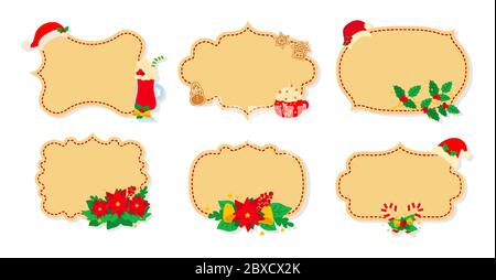 Weihnachten Label und Tag flach Set. Cartoon Holiday Kollektion beige weihnachten Patch Etiketten. Weihnachten Tags geschmückt Objekte, Stechpalme Mistel, Süßigkeiten Hut. Kollektion für das neue Jahr. Vektorgrafik Stock Vektor