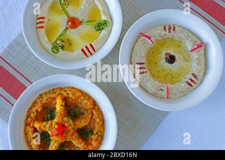Auswahl an libanesischen oder arabischen Speisen Mezze Stockfoto