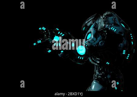 predator schwarz und blau leuchtenden Roboter in einem dunklen Hintergrund Seitenansicht Stockfoto
