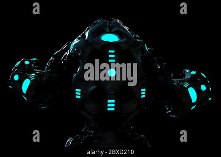 predator schwarz und blau leuchtenden Roboter in einem dunklen Hintergrund Rückansicht Stockfoto