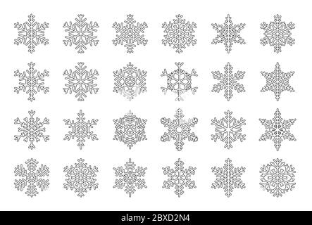 Umreiß Schneeflocken Set Symbole. Schwarz einfache Vorlage Schnee Eis. Winter Zeichen Wetter. Verschiedene Form Kristall-Elemente. Dekor für Design weihnachtsbanner und Neujahrskarten. Isolierte Vektordarstellung Stock Vektor