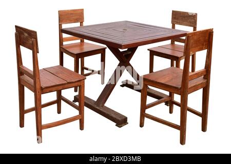 Esstisch und Stühle aus Holz isoliert auf weißem Hintergrund, arbeiten mit Clipping Pfad. Stockfoto
