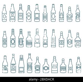 Set von farbigen Symbolen der Flaschen alkoholischer Getränke. Vektorgrafiken mit isolierten Umrissen Stock Vektor