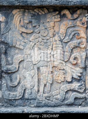 Bas Relief eines Maya Ball Game Spieler mit Knie, Ellbogen und Hüftschutz und Kopf eines geopferten Spieler in der linken Hand, Chichen Itza, Mexiko. Stockfoto