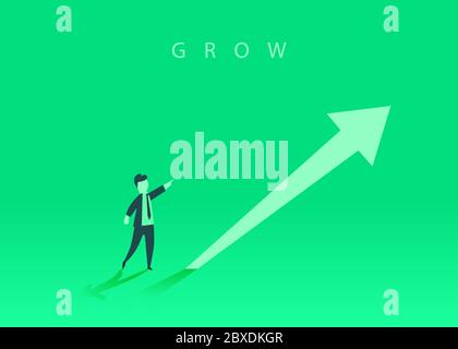 Konzept des Geschäftswachstums mit einem Aufwärtspfeil und einem Geschäftsmann, der die Richtung zeigt. Symbol für Erfolg, Erfolg. Vektorgrafik. Stock Vektor