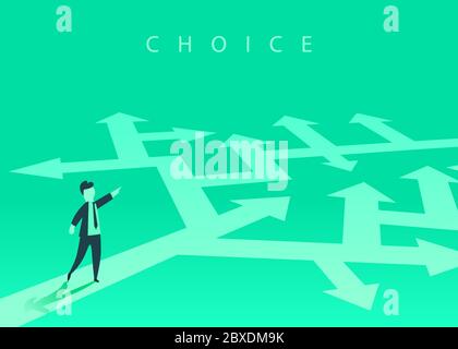 Das Konzept der Wahl der Art und Weise des Geschäfts und ein Geschäftsmann zeigt die Richtung. Problemlösung, Weg zum Erfolg. Vektorgrafik. Stock Vektor