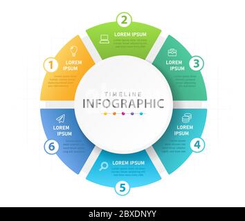 Infografik-Vorlage für Unternehmen. 6 Schritte Mindmap Diagramm mit Kreisdiagramm. Stock Vektor