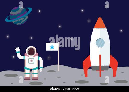 Raumschiff und Astronaut auf neuem offenen Planeten, flache Vektorgrafik. Stock Vektor