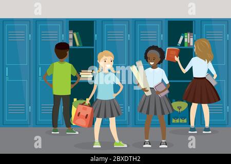 Verschiedene Schüler Jugendliche in der Schulhalle, offene und geschlossene Schließfächer, Schule Interieur und Möbel, flache Vektor-Illustration Stock Vektor