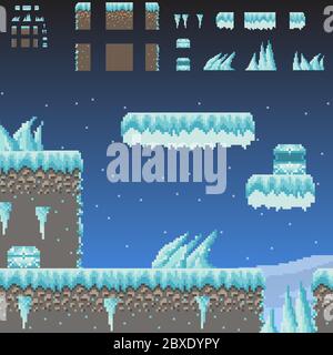 Pixel Art Abenteuer 8-Bit-Spiel Winterszene und Quest Schöpfer von Boden, Textur, Eis, Eiszapfen, Schnee, Himmel, Brust. Set von Indie-Spiel Arcade-Elemente Stock Vektor