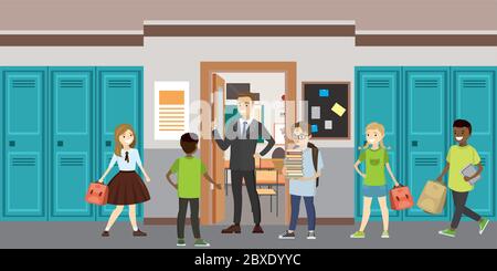 Cartoon Schule Innenraum, Lehrer und verschiedene Schüler, flache Vektor-Illustration Stock Vektor