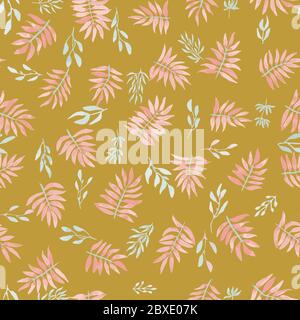 Senf Gold mit rosa tropischen nahtlose Muster mit Blättern von Pflanzen, in Aquarell-Stil gemacht. Botanische, Umwelt Hintergrund mit verschiedenen Stock Vektor