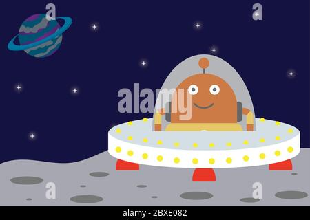 Raumschiff und Astronaut UFO oder Roboter auf dem Planeten, lustig und niedlich Hintergrund, flache Vektor-Illustration. Stock Vektor