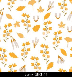 Herbst nahtlose Muster, September gelbe Blätter, Baumsamen und gelbe Wildblumen zufällig auf einem hellen Hintergrund angeordnet. Oktober Hintergrund, warm Stock Vektor